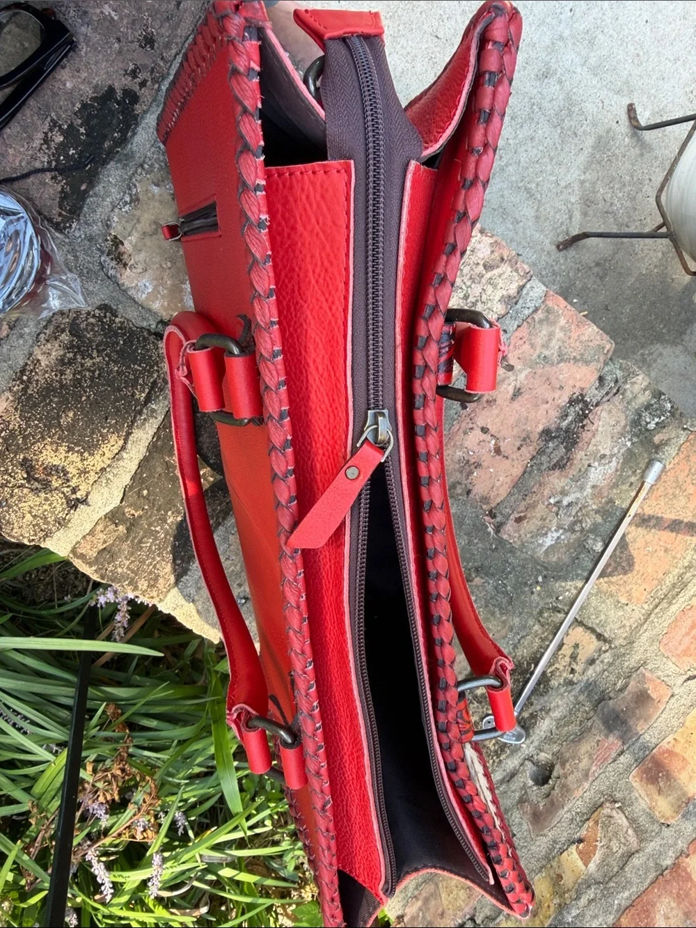 Women's Red Tooled Leather Tote with Hair-on-Hide Accents